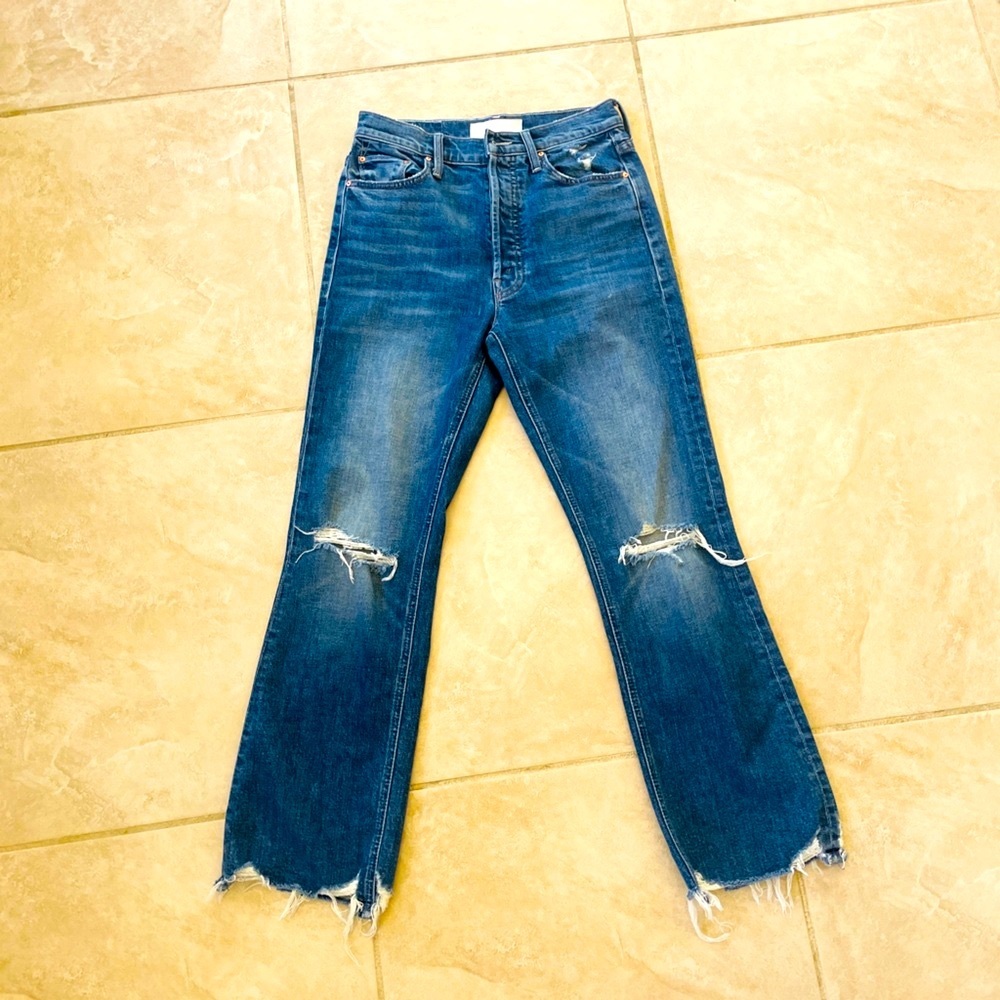 MOTHER Blue Cropped Distressed Denim Pants